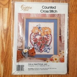 GOLDEN BEE NWT Counted Cross Stitch Cat On Heart 11x14